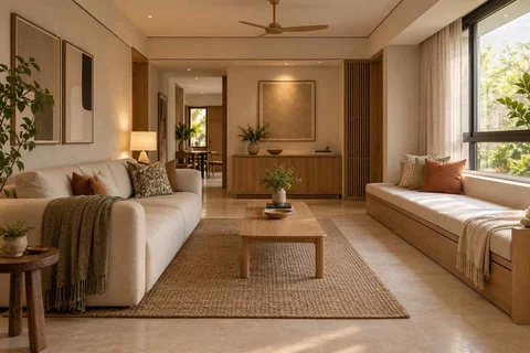 AI-generated living room design concept: daybed and sofa room, quiet contemporary direction