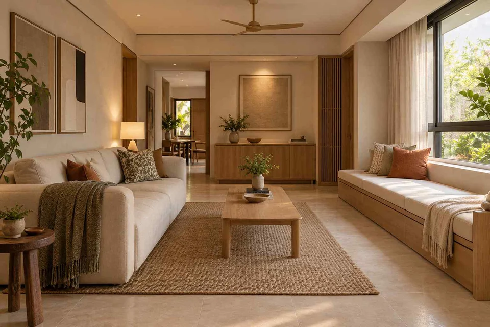 AI-generated living room design concept: daybed and sofa room, quiet contemporary direction