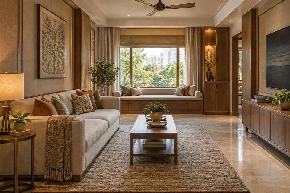 AI-generated living room design concept: daybed and sofa room, quiet transitional direction