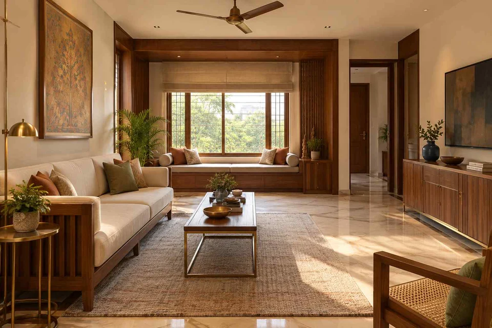 AI-generated living room design concept: daybed and sofa room, rosewood brass direction