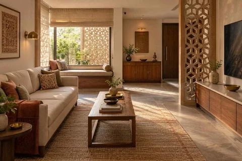 AI-generated living room design concept: daybed and sofa room, sandstone lattice direction