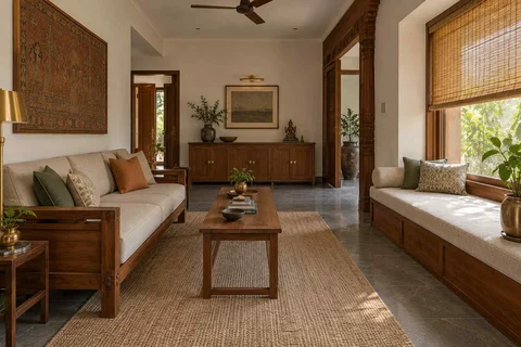AI-generated living room design concept: daybed and sofa room, teak craft direction