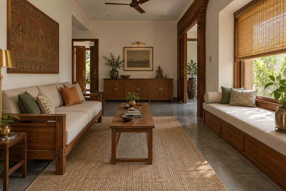 AI-generated living room design concept: daybed and sofa room, teak craft direction
