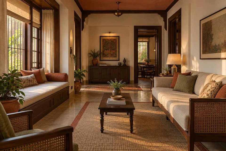 AI-generated living room design concept: daybed and sofa room, terracotta heritage direction