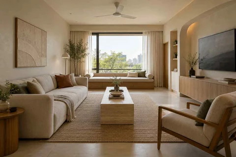 AI-generated living room design concept: daybed and sofa room, textured mineral direction