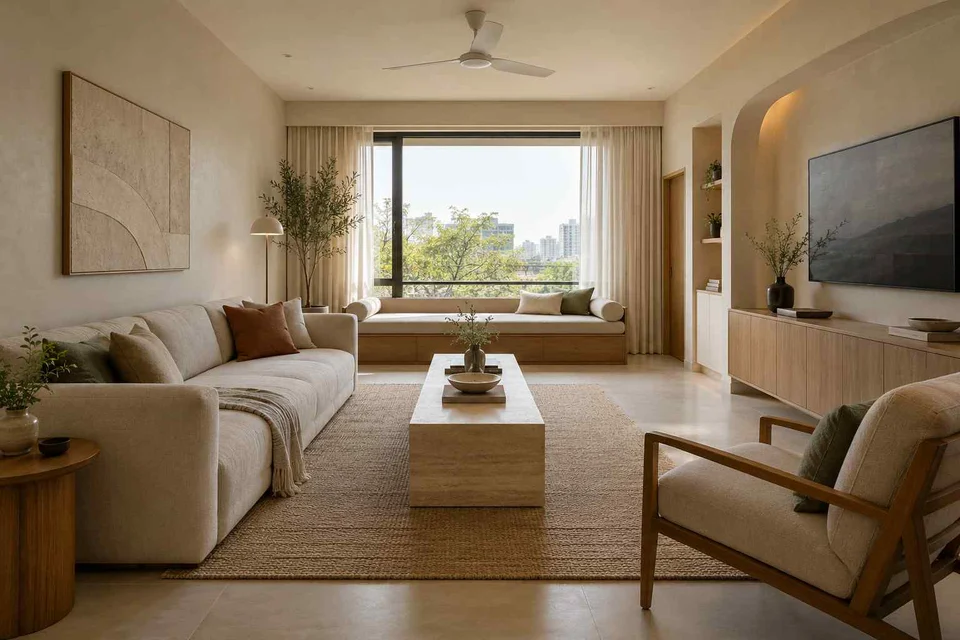 AI-generated living room design concept: daybed and sofa room, textured mineral direction