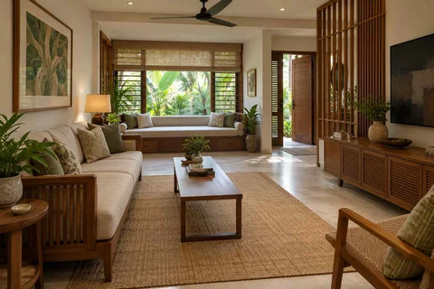 AI-generated living room design concept: daybed and sofa room, tropical slatted direction