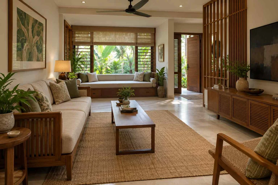 AI-generated living room design concept: daybed and sofa room, tropical slatted direction