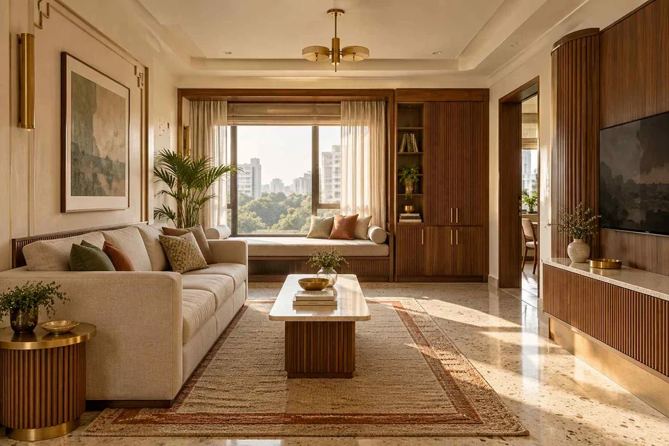 AI-generated living room design concept: daybed and sofa room, urban deco direction