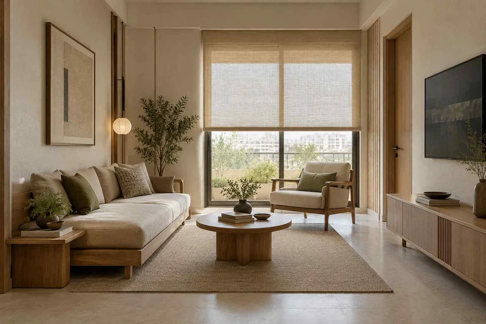 AI-generated living room design concept: daybed living nook, ash and linen direction