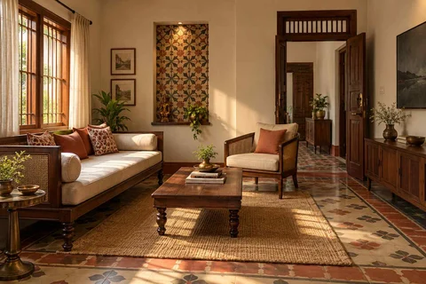 AI-generated living room design concept: daybed living nook, chettinad tile direction
