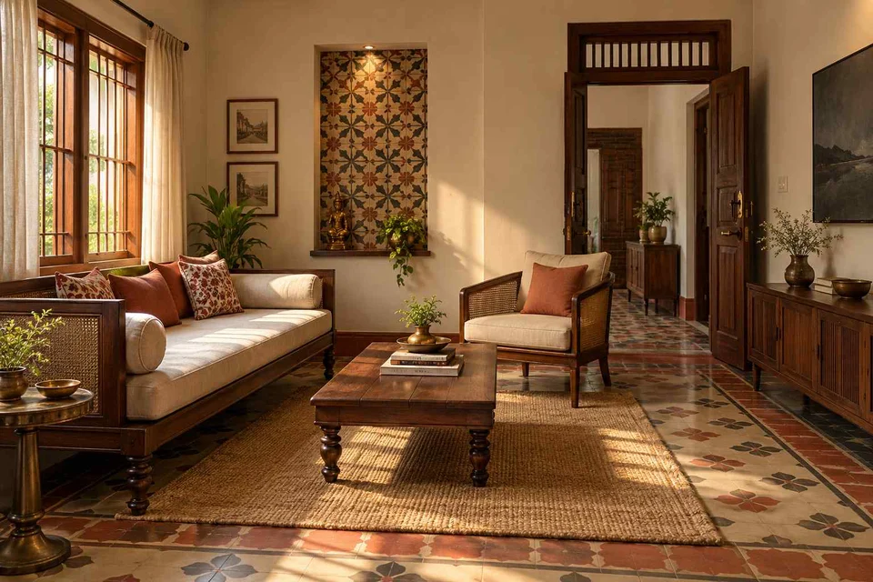 AI-generated living room design concept: daybed living nook, chettinad tile direction