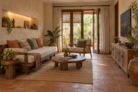 AI-generated living room design concept: daybed living nook, clay artisan direction