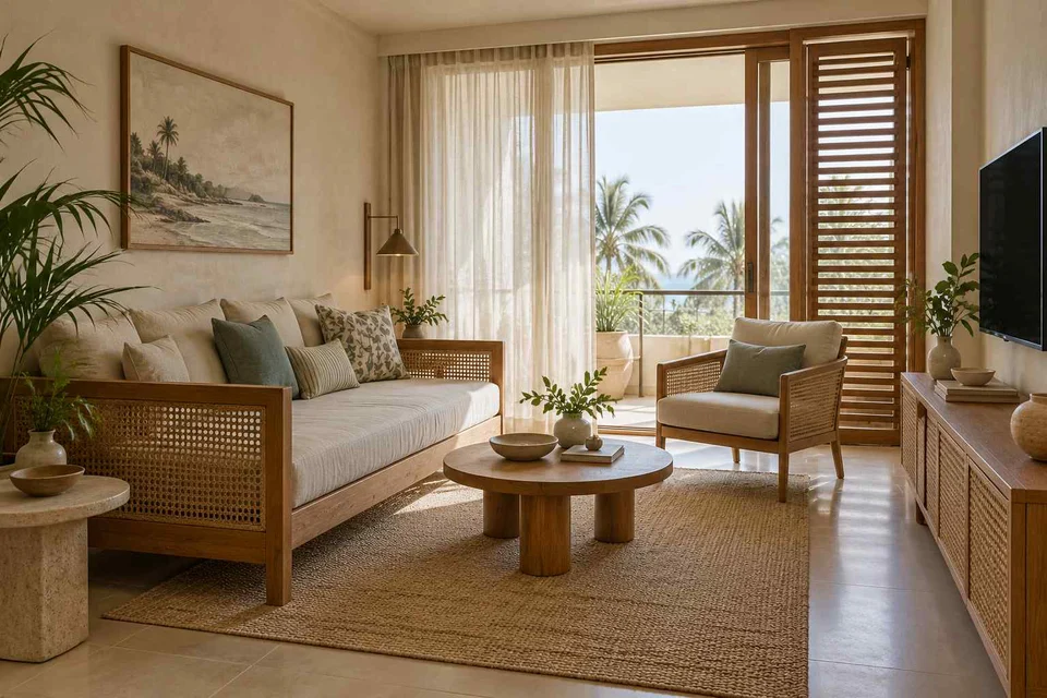 AI-generated living room design concept: daybed living nook, coastal woven direction
