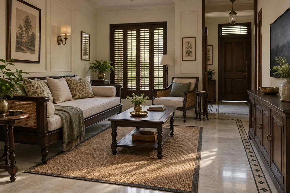 AI-generated living room design concept: daybed living nook, colonial quiet direction