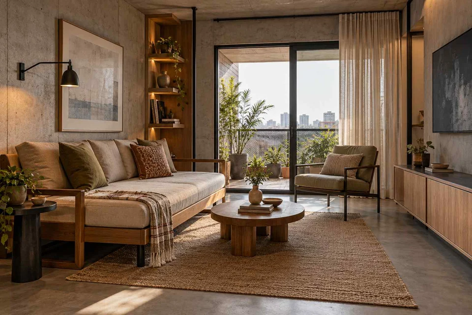 AI-generated living room design concept: daybed living nook, concrete and oak direction