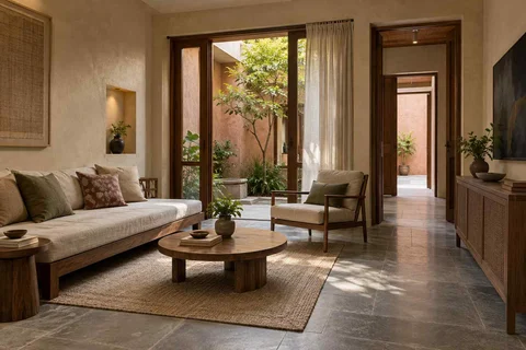 AI-generated living room design concept: daybed living nook, courtyard modern direction