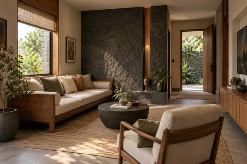 AI-generated living room design concept: daybed living nook, deccan stone direction