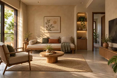 AI-generated living room design concept: daybed living nook, earth and bamboo direction