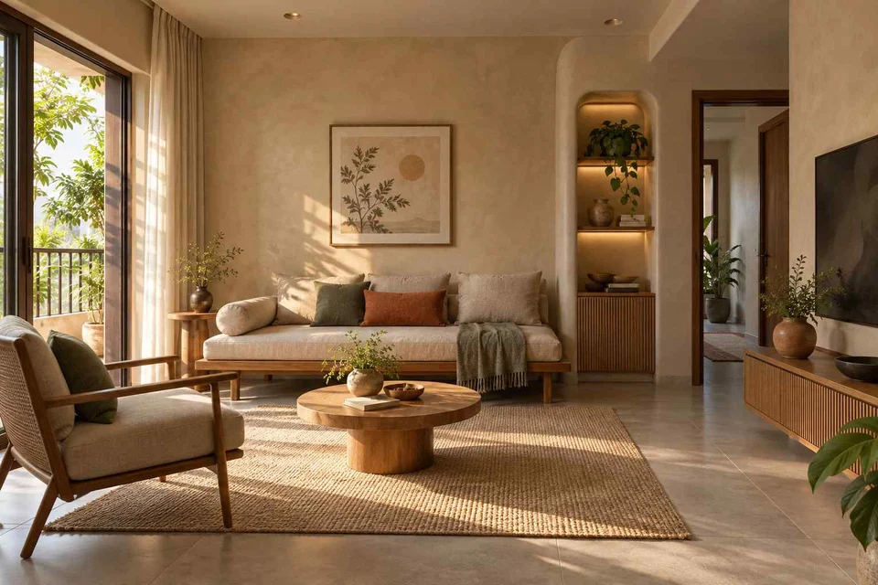 AI-generated living room design concept: daybed living nook, earth and bamboo direction