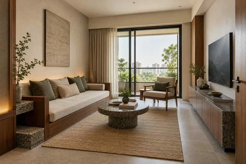 AI-generated living room design concept: daybed living nook, granite precision direction