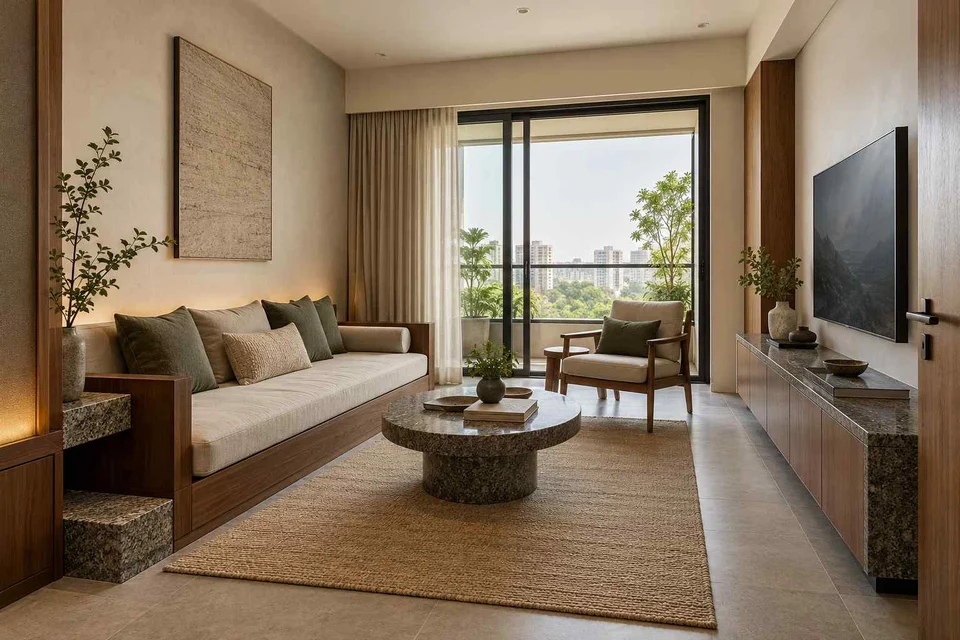 AI-generated living room design concept: daybed living nook, granite precision direction