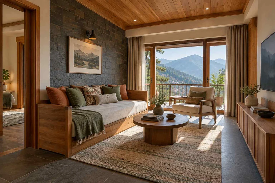 AI-generated living room design concept: daybed living nook, hill timber direction