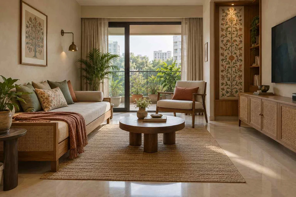 AI-generated living room design concept: daybed living nook, inlay atelier direction