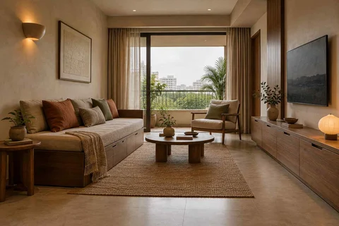 AI-generated living room design concept: daybed living nook, lime and walnut direction