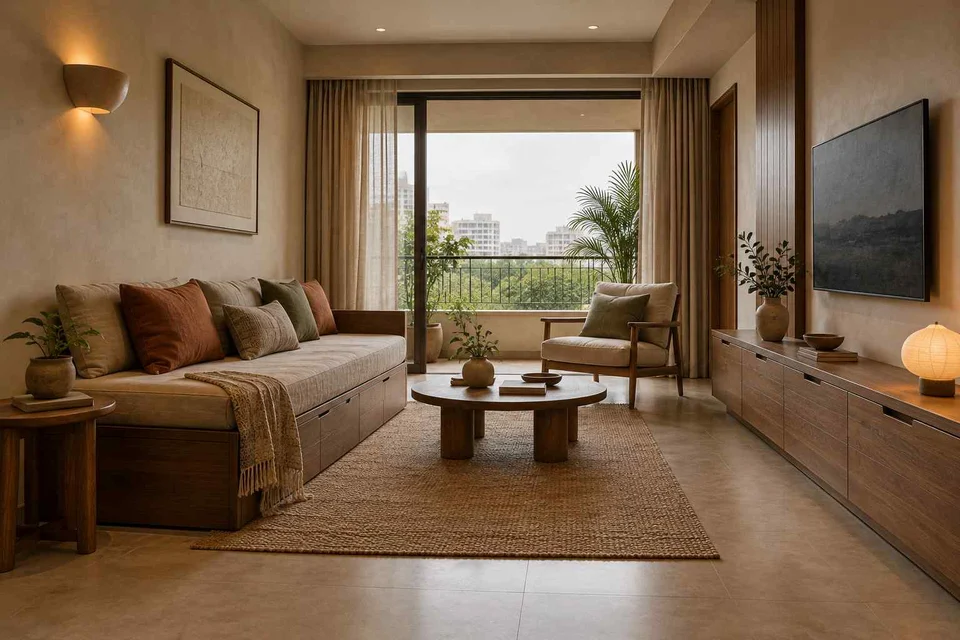 AI-generated living room design concept: daybed living nook, lime and walnut direction