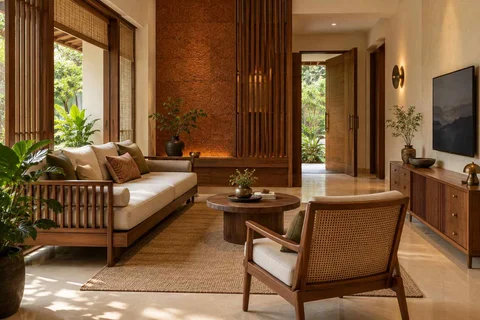 AI-generated living room design concept: daybed living nook, malabar timber direction
