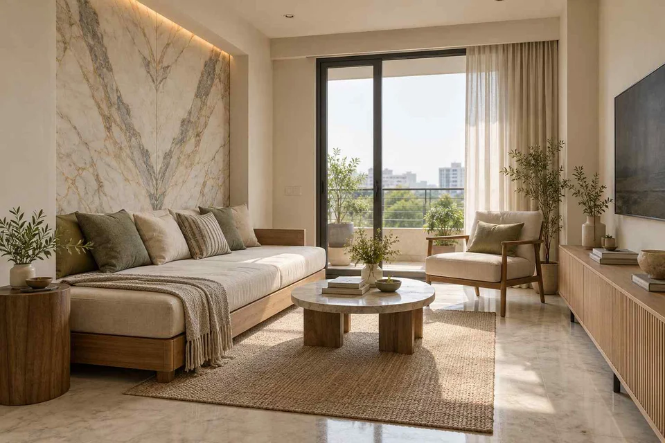 AI-generated living room design concept: daybed living nook, marble restraint direction