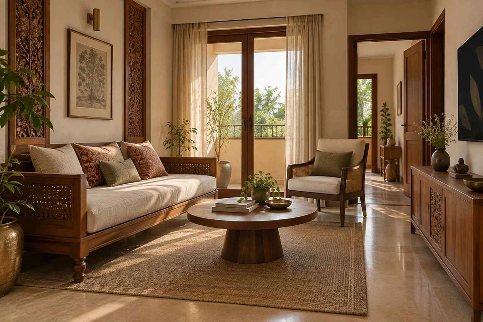 AI-generated living room design concept: daybed living nook, modern carved direction