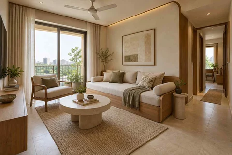 AI-generated living room design concept: daybed living nook, quiet contemporary direction