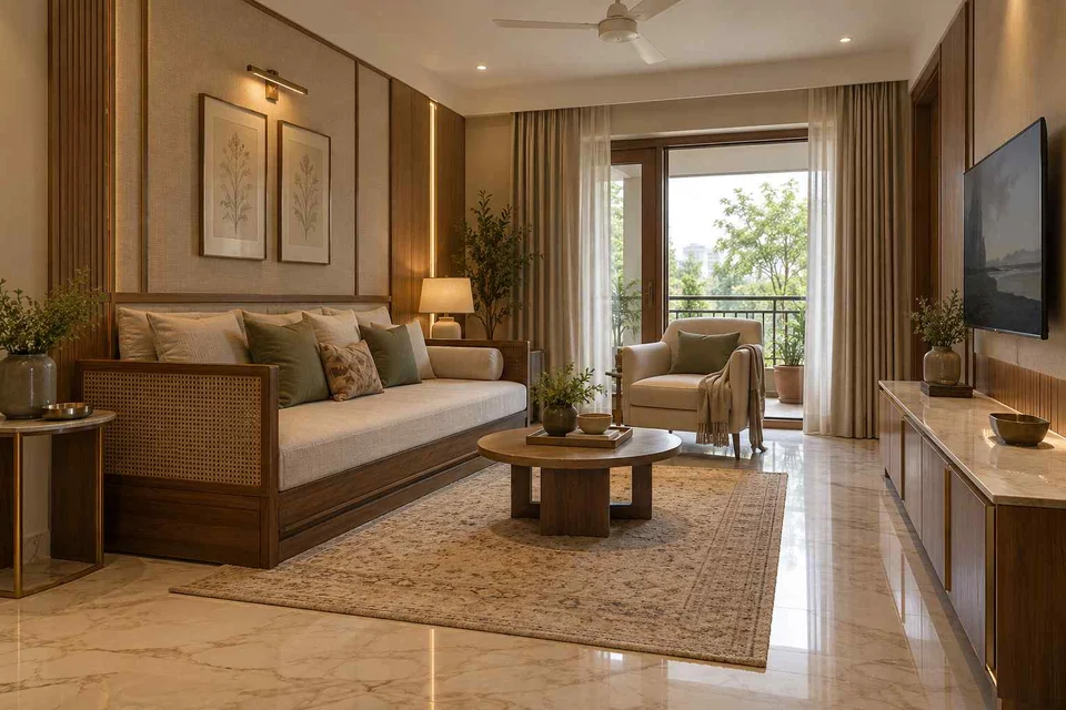 AI-generated living room design concept: daybed living nook, quiet transitional direction