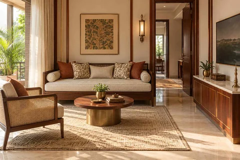 AI-generated living room design concept: daybed living nook, rosewood brass direction