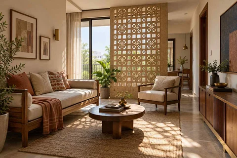 AI-generated living room design concept: daybed living nook, sandstone lattice direction