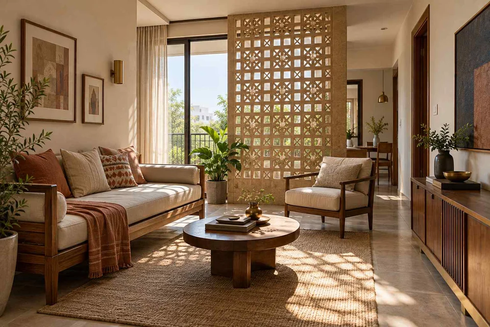 AI-generated living room design concept: daybed living nook, sandstone lattice direction