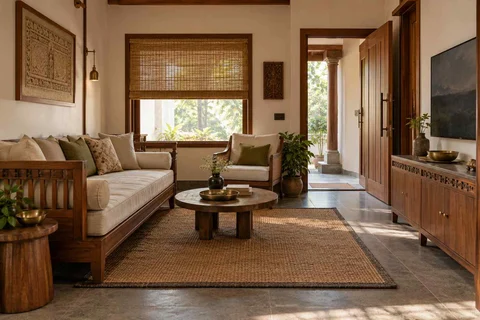 AI-generated living room design concept: daybed living nook, teak craft direction