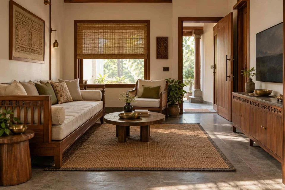 AI-generated living room design concept: daybed living nook, teak craft direction