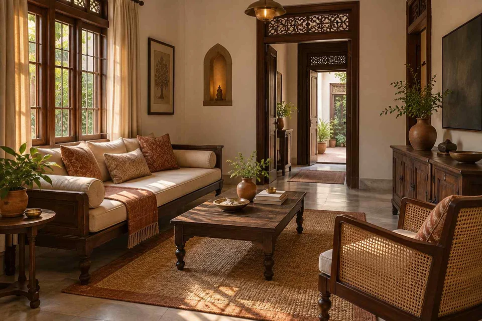 AI-generated living room design concept: daybed living nook, terracotta heritage direction