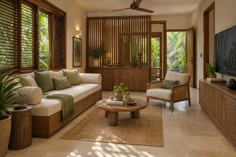 AI-generated living room design concept: daybed living nook, tropical slatted direction