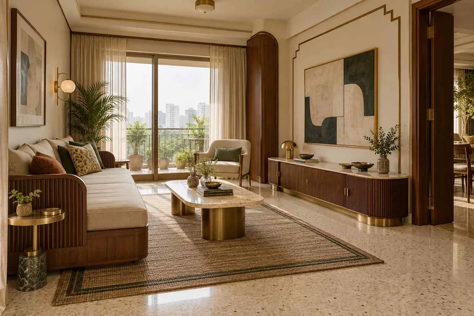 AI-generated living room design concept: daybed living nook, urban deco direction