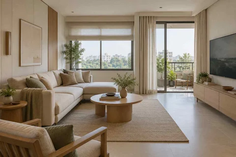 AI-generated living room design concept: double-aspect apartment, ash and linen direction