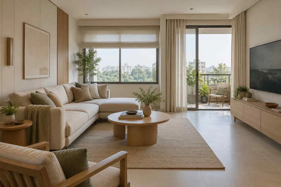 AI-generated living room design concept: double-aspect apartment, ash and linen direction