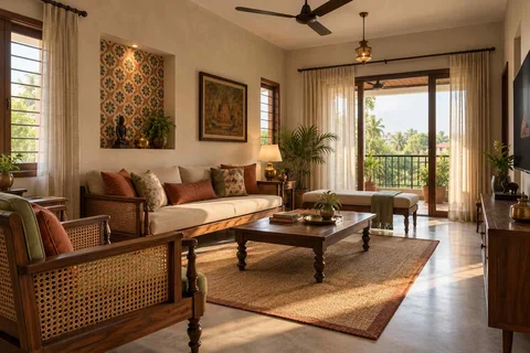 AI-generated living room design concept: double-aspect apartment, chettinad tile direction