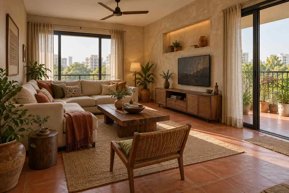 AI-generated living room design concept: double-aspect apartment, clay artisan direction