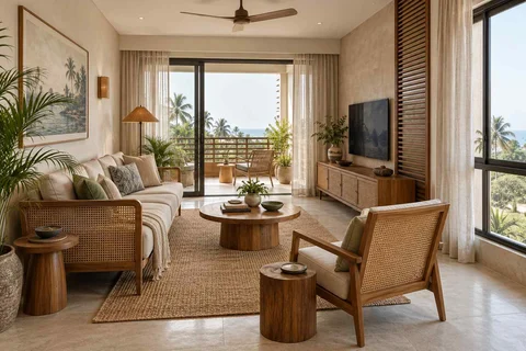 AI-generated living room design concept: double-aspect apartment, coastal woven direction