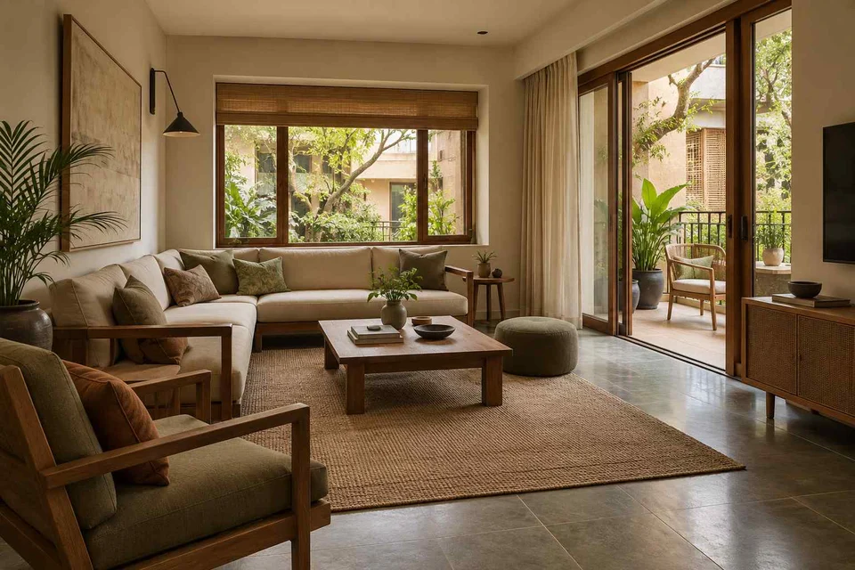 AI-generated living room design concept: double-aspect apartment, courtyard modern direction