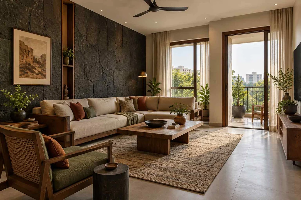 AI-generated living room design concept: double-aspect apartment, deccan stone direction